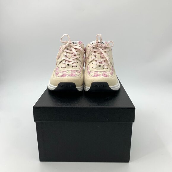 Chanel Two-Tone Logo Tweed Lace-Up Sneakers - Picture 2 of 8